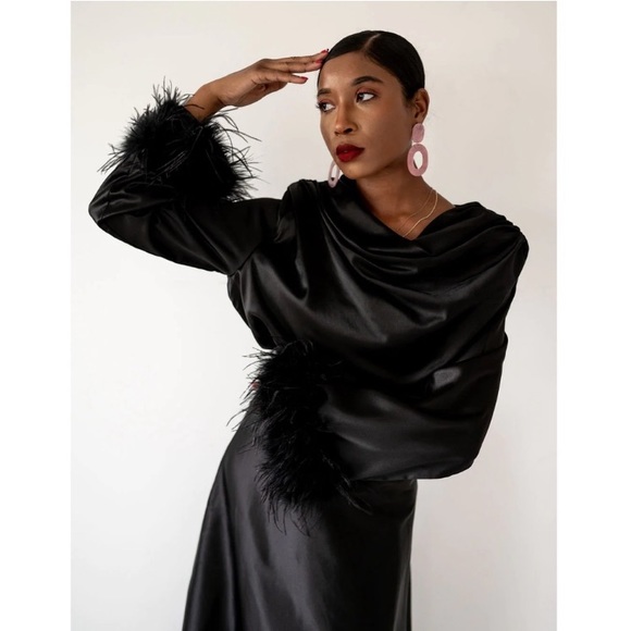 Tops - Gorgeous Feather-trimmed Long Sleeve Black Dressy Blouse